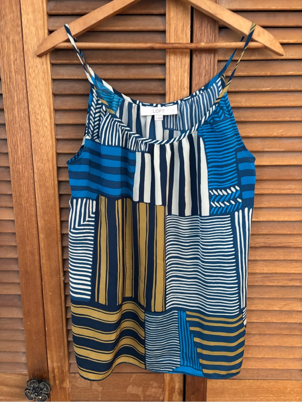 LOFT geometric Blue, mustard and white  Striped Satin Cami Tank